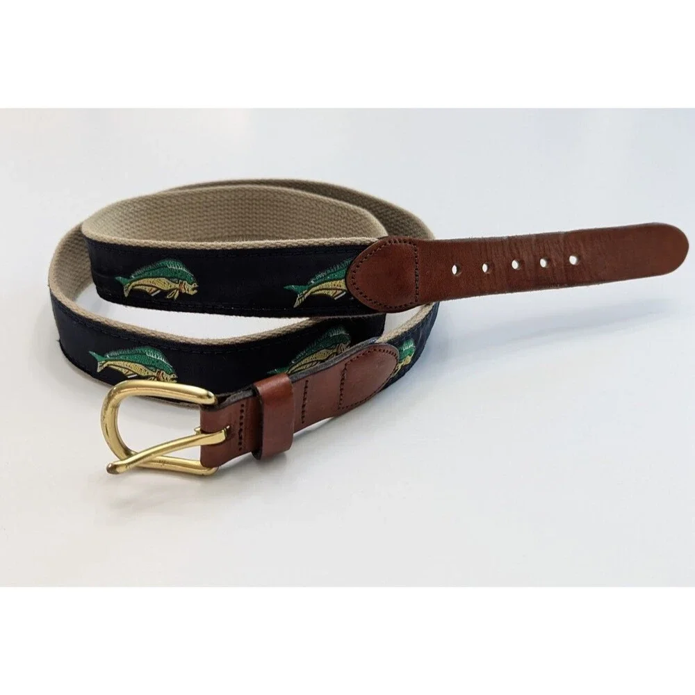 Vintage Leather Man Hand Made Essex CT Mahi Mahi Fish Belt Brass Buckle Size 46